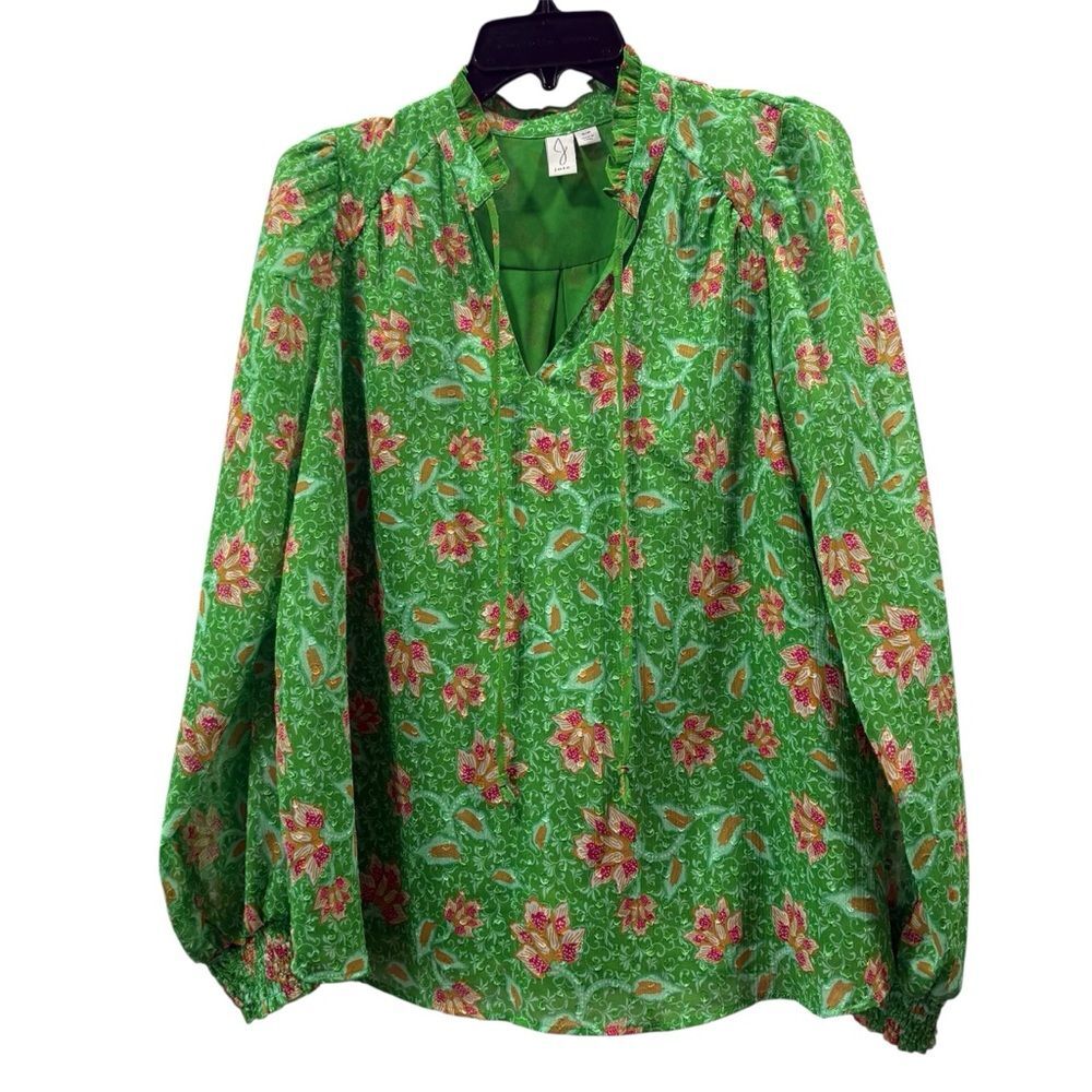 Joie Lime Green Floral Long Sleeve Tie Neck Top Size S